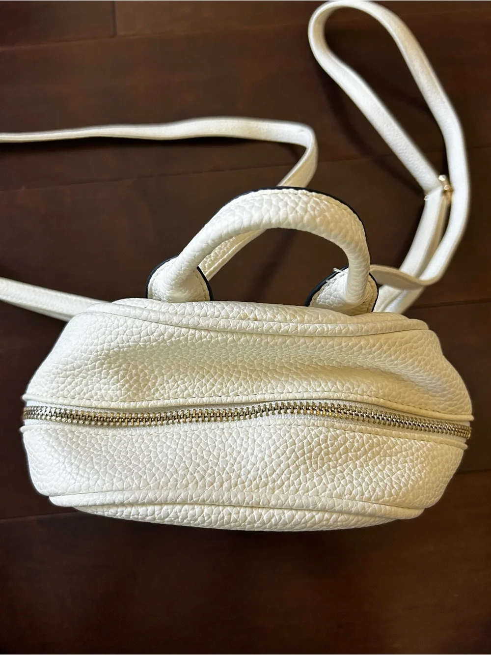 White Faux Leather Pebbled Mini Backpack with Gold Accents